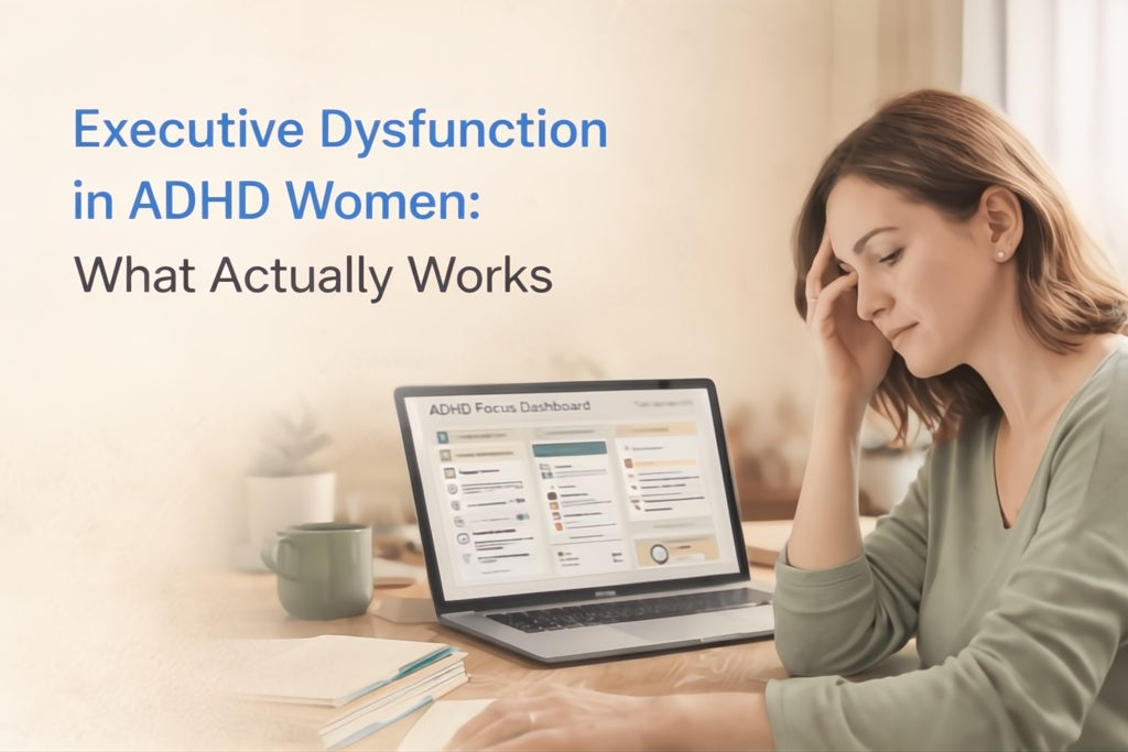 Woman experiencing executive dysfunction while working on a laptop, representing ADHD symptoms in women.