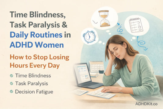 Woman with ADHD experiencing time blindness and task paralysis at desk — daily routine systems for ADHD women