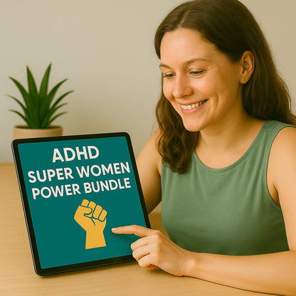 Woman using ADHD Super Women Power Bundle digital planner on tablet – ADHD productivity system for women.