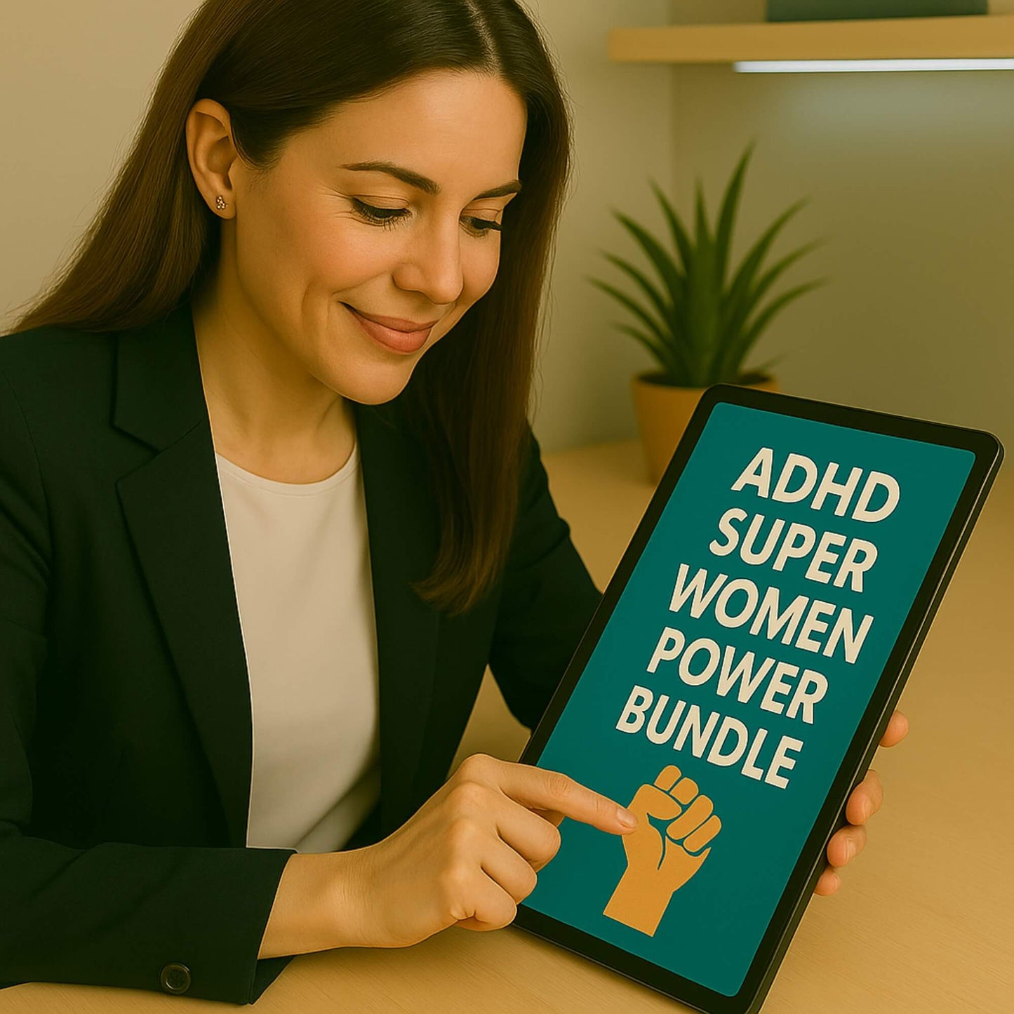 Professional woman using ADHD digital planner on tablet – organization system for women.