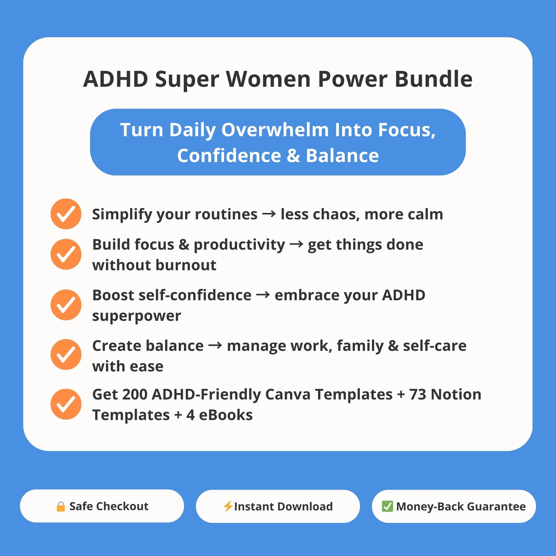 ADHD Super Women Power Bundle benefits overview – 200 Canva templates, 73 Notion templates and 4 ebooks for women.