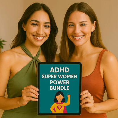 Two women holding ADHD Super Women Power Bundle planner – digital ADHD system for women.