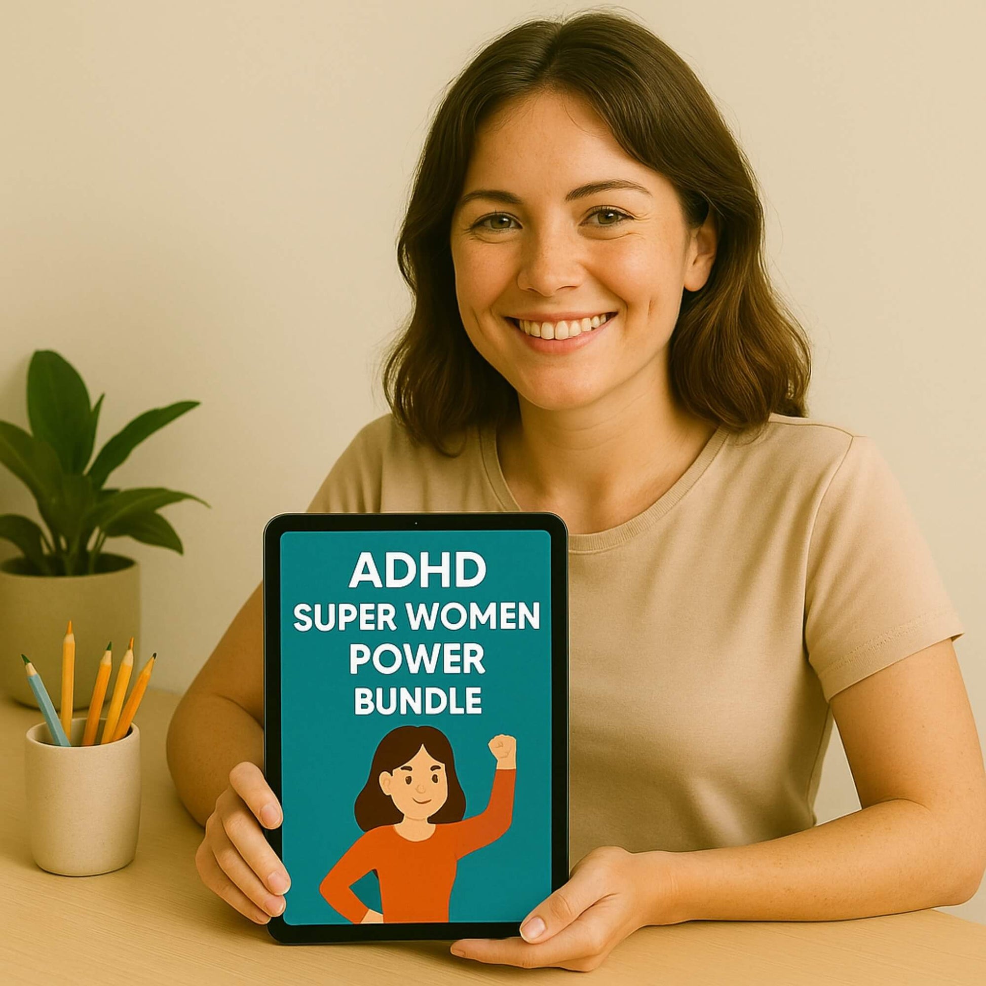 Smiling woman holding ADHD Super Women Power Bundle tablet planner – productivity tools for women.