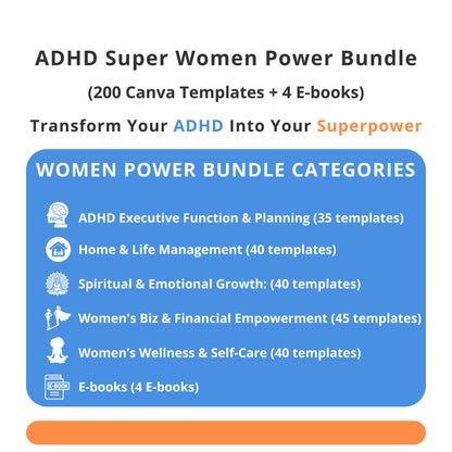ADHD planner bundle for women with 200 Canva templates and 4 ebooks – executive function and wellness tools.