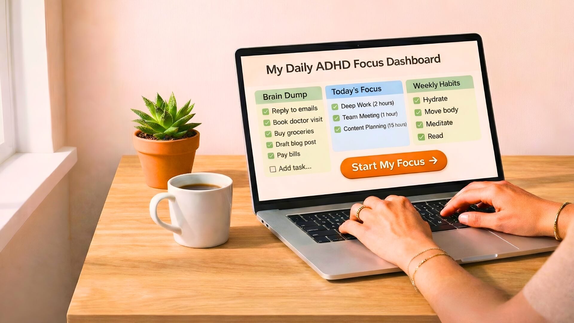 ADHD digital planner for women featuring brain dump, daily focus, and habit tracker dashboard designed for productivity and executive function support.